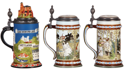 Three Mettlach steins, .5L, modern, Mettlach scenes, limited edition, inlaid lid, mint; with, .5L, modern, Snow White, inlaid lid, mint; with, .5L, modern, Rumpelstiltskin, inlaid lid, mint. - 3