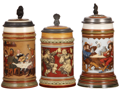 Three Mettlach steins, .5L, 2532, etched, inlaid lid, line on bottom of handle; with, .5L, 2057, etched, inlaid lid, small chip on band in rear; with, .5L, 2231, etched, inlaid lid, with a music box, .5" chip on base, the piece has been reglued.