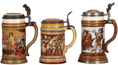 Three Mettlach steins, .5L, 2532, etched, inlaid lid, line on bottom of handle; with, .5L, 2057, etched, inlaid lid, small chip on band in rear; with, .5L, 2231, etched, inlaid lid, with a music box, .5" chip on base, the piece has been reglued. - 2