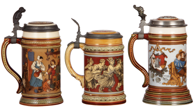 Three Mettlach steins, .5L, 2532, etched, inlaid lid, line on bottom of handle; with, .5L, 2057, etched, inlaid lid, small chip on band in rear; with, .5L, 2231, etched, inlaid lid, with a music box, .5" chip on base, the piece has been reglued. - 3