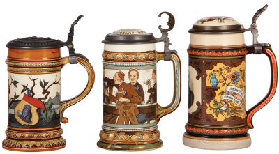 Three Mettlach steins, .5L, 1396, etched, by C. Warth, fantastic relief metal lid, pewter strap repaired, faint .5" hairline; with, .5L, 2051, etched, inlaid lid, severe base breaks, chips; with, .5L, modern, by Gerz, Adolphus Busch, inlaid lid, mint. - 2