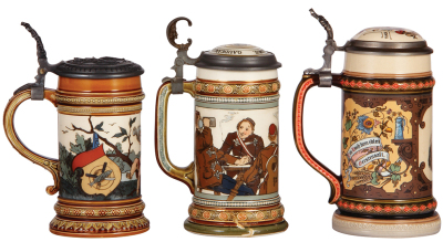 Three Mettlach steins, .5L, 1396, etched, by C. Warth, fantastic relief metal lid, pewter strap repaired, faint .5" hairline; with, .5L, 2051, etched, inlaid lid, severe base breaks, chips; with, .5L, modern, by Gerz, Adolphus Busch, inlaid lid, mint. - 3