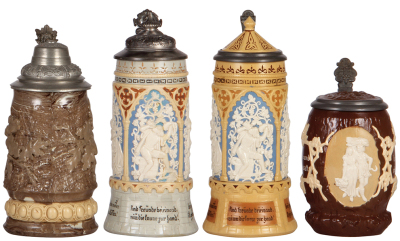Four Mettlach steins, .5L, 368, earlyware, original pewter lid, mint; with, .5L, 228, relief, original pewter lid, body repaired; with, .5L, 228, relief, inlaid lid, body repaired; with, .5L, 1028, relief, inlaid lid, mint.