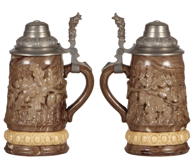 Four Mettlach steins, .5L, 368, earlyware, original pewter lid, mint; with, .5L, 228, relief, original pewter lid, body repaired; with, .5L, 228, relief, inlaid lid, body repaired; with, .5L, 1028, relief, inlaid lid, mint. - 2