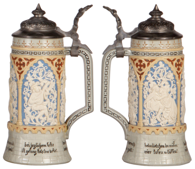 Four Mettlach steins, .5L, 368, earlyware, original pewter lid, mint; with, .5L, 228, relief, original pewter lid, body repaired; with, .5L, 228, relief, inlaid lid, body repaired; with, .5L, 1028, relief, inlaid lid, mint. - 3