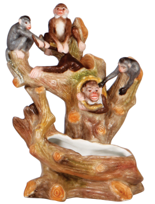 Character jar, 7.2" ht., porcelain, marked E. Bohne & Söhne, four monkeys playing on tree, comical scene, rare, mint.