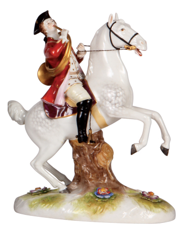 Porcelain figurine, 9.5" ht. x 7.5" l., hand-painted, marked Made in Germany & Heber & Co., Neustadt, early 1900s, huntsman on horseback with French horn, at fox hunt, excellent quality, mint.