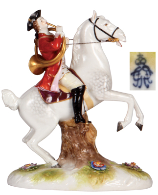 Porcelain figurine, 9.5" ht. x 7.5" l., hand-painted, marked Made in Germany & Heber & Co., Neustadt, early 1900s, huntsman on horseback with French horn, at fox hunt, excellent quality, mint. - 2