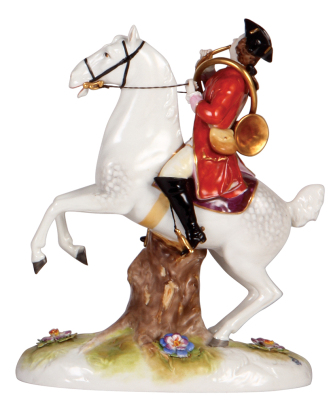 Porcelain figurine, 9.5" ht. x 7.5" l., hand-painted, marked Made in Germany & Heber & Co., Neustadt, early 1900s, huntsman on horseback with French horn, at fox hunt, excellent quality, mint. - 3