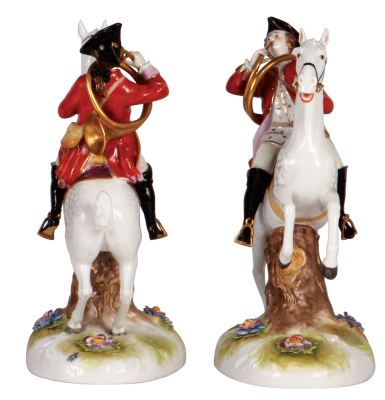 Porcelain figurine, 9.5" ht. x 7.5" l., hand-painted, marked Made in Germany & Heber & Co., Neustadt, early 1900s, huntsman on horseback with French horn, at fox hunt, excellent quality, mint. - 4