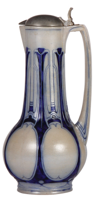 Stoneware stein, 13.9" ht., marked Gerz, 1146, Art Nouveau, blue saltglaze, pewter lid, hairline cracks at rear of body and top of handle.