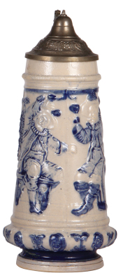 Stoneware stein, 12.5" ht., relief, #5, by Whites Utica, blue saltglaze, pewter lid, mint.