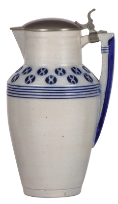 Stoneware stein, 11.6'' ht., relief, marked 1363, made by S.P. Gerz, designed by Bruno Mauder, blue saltglaze, Art Nouveau, pewter lid, mint.