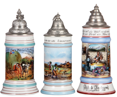 Three porcelain steins, .5L, transfer & hand-painted, Occupational Bauer [Farmer], pewter lid, mint; with, .5L, transfer & hand-painted, Occupational Zimmermann [Construction Carpenter], pewter lid, mint; with, .5L, transfer & hand-painted, Occupational K