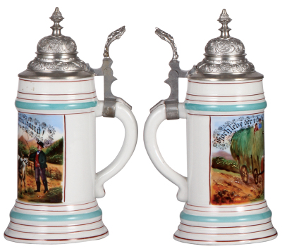 Three porcelain steins, .5L, transfer & hand-painted, Occupational Bauer [Farmer], pewter lid, mint; with, .5L, transfer & hand-painted, Occupational Zimmermann [Construction Carpenter], pewter lid, mint; with, .5L, transfer & hand-painted, Occupational K - 2