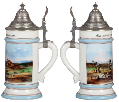 Three porcelain steins, .5L, transfer & hand-painted, Occupational Bauer [Farmer], pewter lid, mint; with, .5L, transfer & hand-painted, Occupational Zimmermann [Construction Carpenter], pewter lid, mint; with, .5L, transfer & hand-painted, Occupational K - 3