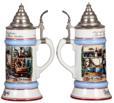 Three porcelain steins, .5L, transfer & hand-painted, Occupational Bauer [Farmer], pewter lid, mint; with, .5L, transfer & hand-painted, Occupational Zimmermann [Construction Carpenter], pewter lid, mint; with, .5L, transfer & hand-painted, Occupational K - 4