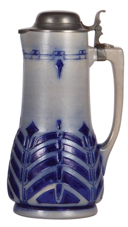 Stoneware stein, 11.6" ht., relief, marked 179, blue saltglaze, Art Nouveau, pewter lid, mint.