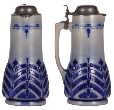 Stoneware stein, 11.6" ht., relief, marked 179, blue saltglaze, Art Nouveau, pewter lid, mint. - 2