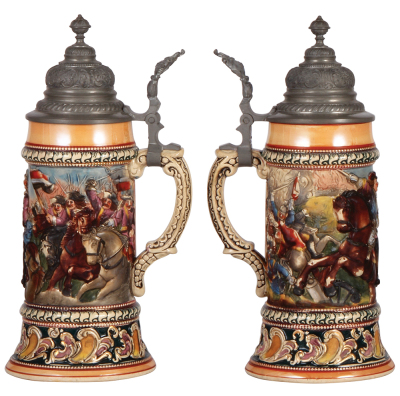 Two pottery steins, .5L, relief, marked 68, by Diesinger, pewter lid, mint; with, 1.5L, 13.5" ht., relief, #875, by J.W. Remy, pewter lid, mint.  - 2