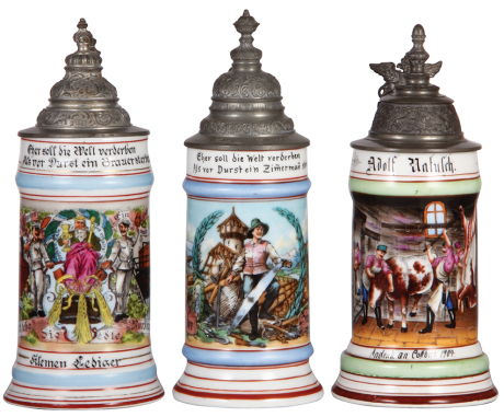 Three porcelain steins, .5L, transfer & hand-painted, Occupational Bierbrauerei [Beer Brewer], pewter lid, mint; with, .5L, transfer & hand-painted, Occupational Zimmermann [Construction Carpenter], pewter lid, mint; with, .5L, transfer & hand-painted, Oc