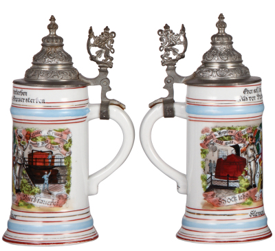 Three porcelain steins, .5L, transfer & hand-painted, Occupational Bierbrauerei [Beer Brewer], pewter lid, mint; with, .5L, transfer & hand-painted, Occupational Zimmermann [Construction Carpenter], pewter lid, mint; with, .5L, transfer & hand-painted, Oc - 2