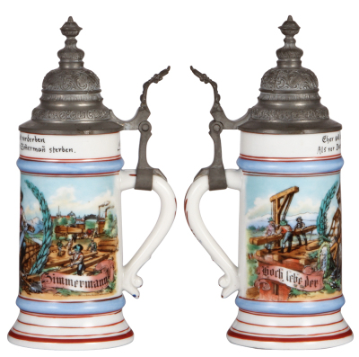 Three porcelain steins, .5L, transfer & hand-painted, Occupational Bierbrauerei [Beer Brewer], pewter lid, mint; with, .5L, transfer & hand-painted, Occupational Zimmermann [Construction Carpenter], pewter lid, mint; with, .5L, transfer & hand-painted, Oc - 3