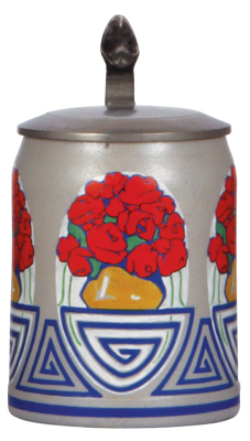 Stoneware stein, .5L, transfer & hand-painted, floral, pewter lid, mint.