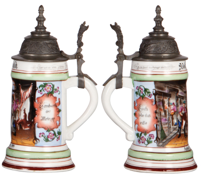 Three porcelain steins, .5L, transfer & hand-painted, Occupational Bierbrauerei [Beer Brewer], pewter lid, mint; with, .5L, transfer & hand-painted, Occupational Zimmermann [Construction Carpenter], pewter lid, mint; with, .5L, transfer & hand-painted, Oc - 4