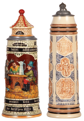 Two pottery steins, 1.0L, relief, tower, inlaid lid, flake; with, 1.0L, 13.1" ht., relief, #88, by Reinhold Hanke, form of a Siegburg Schnelle, pewter lid, mint. 