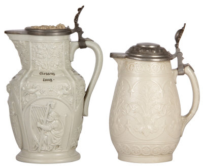 Two Mettlach steins, 1.5L, 11.5" ht., 6, relief, inlaid lid, mint; with, 1.4L, 10.2" ht., 814, relief, original pewter lid, 1" base hairline.