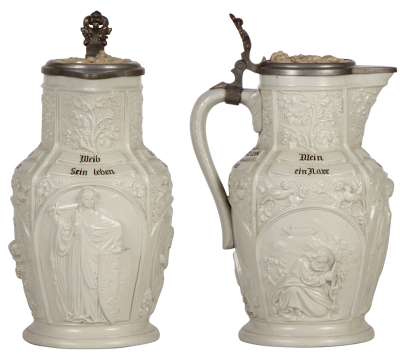 Two Mettlach steins, 1.5L, 11.5" ht., 6, relief, inlaid lid, mint; with, 1.4L, 10.2" ht., 814, relief, original pewter lid, 1" base hairline. - 2