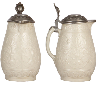 Two Mettlach steins, 1.5L, 11.5" ht., 6, relief, inlaid lid, mint; with, 1.4L, 10.2" ht., 814, relief, original pewter lid, 1" base hairline. - 3