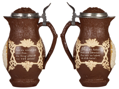 Two Mettlach items, stein, 4.0L, 14.1" ht., 1028, relief, inlaid lid, pewter dent & discoloration; with, ewer, 11.4" ht., 318, earlyware, small chipping on relief. - 2