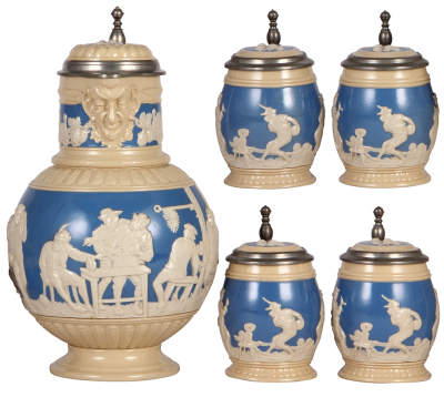 Five Mettlach steins, 3.2L, 13.0" ht., 2210, relief, inlaid lid; with four, .3L, 2211, relief inlaid lids, all mint.
