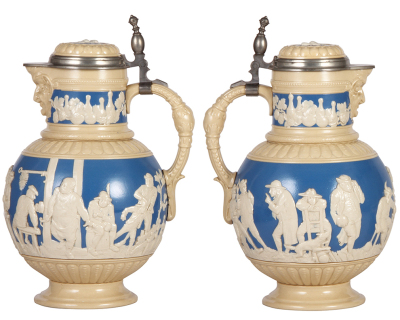 Five Mettlach steins, 3.2L, 13.0" ht., 2210, relief, inlaid lid; with four, .3L, 2211, relief inlaid lids, all mint. - 2