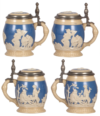 Five Mettlach steins, 3.2L, 13.0" ht., 2210, relief, inlaid lid; with four, .3L, 2211, relief inlaid lids, all mint. - 3