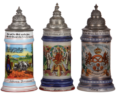 Three steins, .5L, porcelain, transfer & hand-painted, Occupational Schäfer [Shepherd], pewter lid, mint; with, .5L, stoneware, transfer & hand-painted, Occupational Bierbrauerei [Brewer], pewter lid, small factory chip on base, color over chip, mint; wit