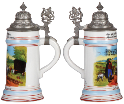 Three steins, .5L, porcelain, transfer & hand-painted, Occupational Schäfer [Shepherd], pewter lid, mint; with, .5L, stoneware, transfer & hand-painted, Occupational Bierbrauerei [Brewer], pewter lid, small factory chip on base, color over chip, mint; wit - 2