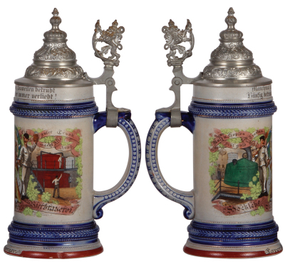 Three steins, .5L, porcelain, transfer & hand-painted, Occupational Schäfer [Shepherd], pewter lid, mint; with, .5L, stoneware, transfer & hand-painted, Occupational Bierbrauerei [Brewer], pewter lid, small factory chip on base, color over chip, mint; wit - 3