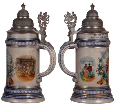 Three steins, .5L, porcelain, transfer & hand-painted, Occupational Schäfer [Shepherd], pewter lid, mint; with, .5L, stoneware, transfer & hand-painted, Occupational Bierbrauerei [Brewer], pewter lid, small factory chip on base, color over chip, mint; wit - 4