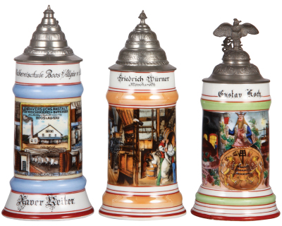 Three porcelain steins, .5L, transfer & hand-painted, Occupational Molkerei [Dairy Worker], Molkereischule Boos i/Allgäu, 1/9/1928 - 1/2/1929, pewter lid, roster, mint; with, .5L, transfer & hand-painted, Occupational Müller [Miller], Mönchsroth, pewter l