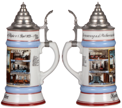 Three porcelain steins, .5L, transfer & hand-painted, Occupational Molkerei [Dairy Worker], Molkereischule Boos i/Allgäu, 1/9/1928 - 1/2/1929, pewter lid, roster, mint; with, .5L, transfer & hand-painted, Occupational Müller [Miller], Mönchsroth, pewter l - 2