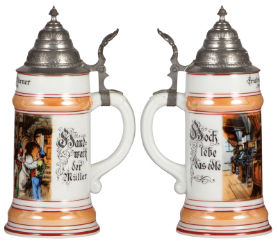 Three porcelain steins, .5L, transfer & hand-painted, Occupational Molkerei [Dairy Worker], Molkereischule Boos i/Allgäu, 1/9/1928 - 1/2/1929, pewter lid, roster, mint; with, .5L, transfer & hand-painted, Occupational Müller [Miller], Mönchsroth, pewter l - 3