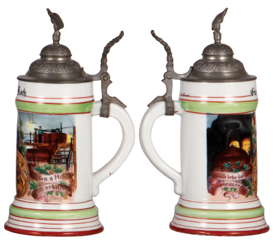 Three porcelain steins, .5L, transfer & hand-painted, Occupational Molkerei [Dairy Worker], Molkereischule Boos i/Allgäu, 1/9/1928 - 1/2/1929, pewter lid, roster, mint; with, .5L, transfer & hand-painted, Occupational Müller [Miller], Mönchsroth, pewter l - 4