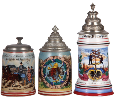 Three steins, stoneware, .5L, transfer, Occupational Kutscher [Coach Driver], pewter lid, mint; with, stoneware .5L, transfer, Occupational Feurwehrleute [Fireman], pewter lid is dated 1925, a little color wear to lower red band; with, .5L, transfer, made