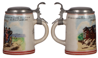 Three steins, stoneware, .5L, transfer, Occupational Kutscher [Coach Driver], pewter lid, mint; with, stoneware .5L, transfer, Occupational Feurwehrleute [Fireman], pewter lid is dated 1925, a little color wear to lower red band; with, .5L, transfer, made - 2