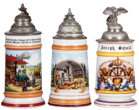 Three porcelain steins, .5L, transfer & hand-painted, Occupational Ökonomie [Farmer], pewter lid, mint; with, .5L, transfer & hand-painted, Occupational Käserei [Cheesemaker], pewter lid, mint; with, .5L, transfer & hand-painted, Occupational Müller [Mill