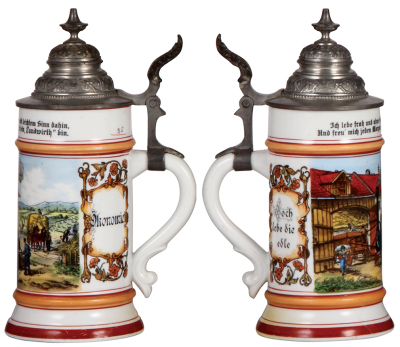 Three porcelain steins, .5L, transfer & hand-painted, Occupational Ökonomie [Farmer], pewter lid, mint; with, .5L, transfer & hand-painted, Occupational Käserei [Cheesemaker], pewter lid, mint; with, .5L, transfer & hand-painted, Occupational Müller [Mill - 2