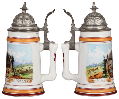 Three porcelain steins, .5L, transfer & hand-painted, Occupational Ökonomie [Farmer], pewter lid, mint; with, .5L, transfer & hand-painted, Occupational Käserei [Cheesemaker], pewter lid, mint; with, .5L, transfer & hand-painted, Occupational Müller [Mill - 3